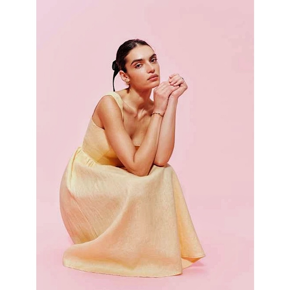 Reformation Freida Minimilist Cottage Farm  Linen Midi Dress Butter Yellow